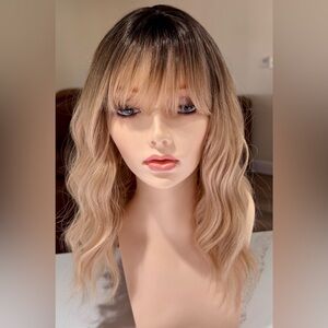 HAIR, 16” Wavy Bob with Bangs, Center Part, Ombre Brown to Blonde Ends